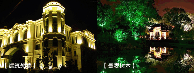 偏光金鹵燈泛光燈建筑外墻照明效果-綠光樹(shù)木照明效果